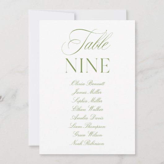 Elegante Salbeigrüne und Weiße Hochzeitstisch-Numm Einladung (Vorderseite)