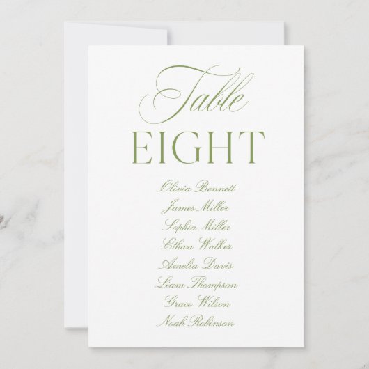 Elegante Salbeigrüne und Weiße Hochzeitstisch-Numm Einladung (Vorderseite)