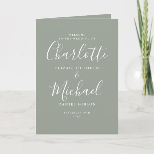Elegante Salbeigrüne Unterschriften-Schrift Hochze Programm (Vorderseite)