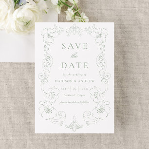 Elegante Salbeigrüne Verzierte Florale Rahmen Hoch Save The Date
