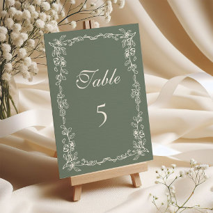 Elegante Salbeigrüne Vintage-Blumenhochzeit Tischnummer