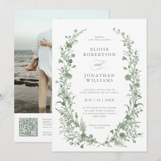 Elegante Salbeigrüne Vintage-Foto-QR-Code-Hochzeit Einladung (Vorne/Hinten)