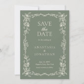 Elegante Salbeigrüne Vintage-Hochzeit Save The Date (Vorderseite)