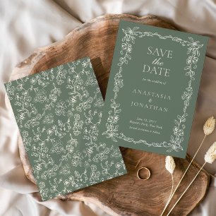 Elegante Salbeigrüne Vintage-Hochzeit Save The Date