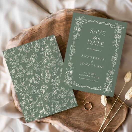 Elegante Salbeigrüne Vintage-Hochzeit Save The Date