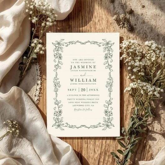 Elegante Salbeigrüne Vintage-QR-Code-Hochzeit Einladung