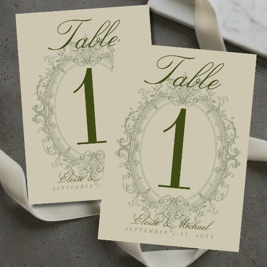 Elegante Salbeigrüne Wappen-Hochzeit Tischnummer