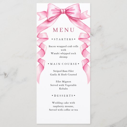 Elegante, sanfte, rosa, handgezeichnete Bow-Hochze Menükarte (Vorderseite)