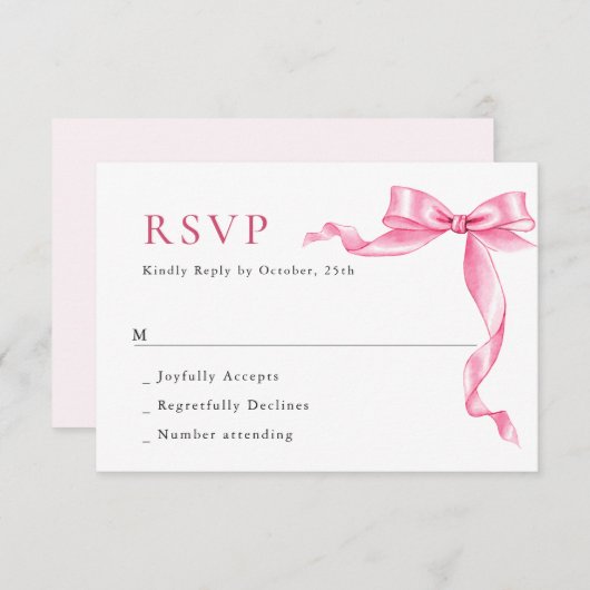 Elegante, sanfte, rosa, handgezeichnete Bow-Hochze RSVP Karte (Vorne/Hinten)