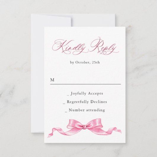 Elegante, sanfte, rosa, handgezeichnete Bow-Hochze RSVP Karte (Vorderseite)