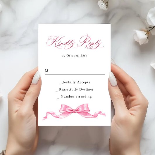 Elegante, sanfte, rosa, handgezeichnete Bow-Hochze RSVP Karte