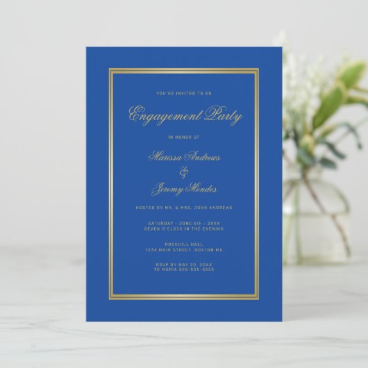 Elegante Sapphire Blue Gold Script Engagement Part Einladung (Stehend Vorderseite)