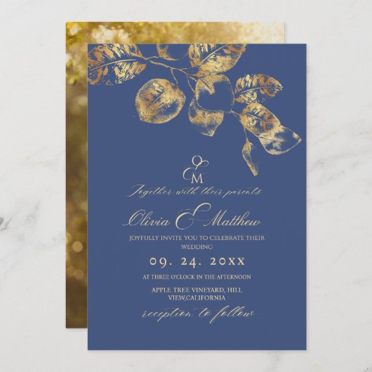 Elegante Sapphire Pantone Gold Wedding Einladung (Vorne/Hinten)