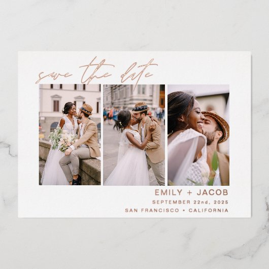 Elegante Save the Date 3 Foto Minimalistische Rose Folieneinladung (Vorderseite)