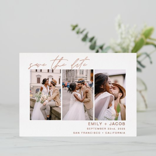 Elegante Save the Date 3 Foto Minimalistische Rose Folieneinladung (Stehend vorne)
