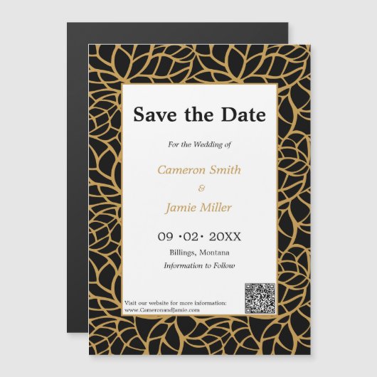 Elegante Save the Date Black & Gold Foliage Kontur Magneteinladung (Vorne/Hinten)