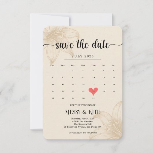 Elegante Save the Date Card - Beige Botanische Kar (Vorderseite)