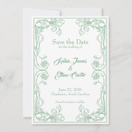 Elegante Save the Date Card - Green Rose Filigree Einladung (Vorderseite)