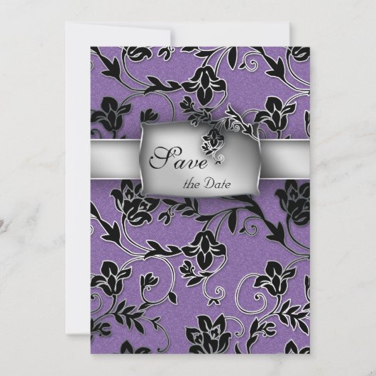 Elegante Save the Date Card Silver Floral Lila (Vorderseite)