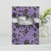 Elegante Save the Date Card Silver Floral Lila (Stehend Vorderseite)