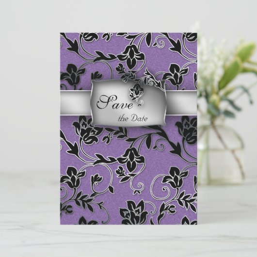 Elegante Save the Date Card Silver Floral Lila (Stehend Vorderseite)
