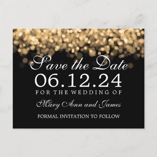 Elegante Save the Date Gold Lights Ankündigungspostkarte (Vorderseite)