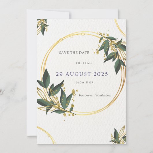 Elegante Save the Date Karte – Gold & Grün (Vorderseite)