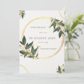 Elegante Save the Date Karte – Gold & Grün (Stehend Vorderseite)