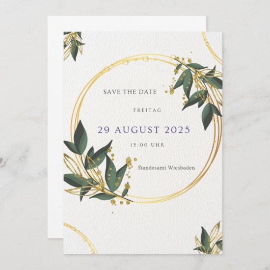 Elegante Save the Date Karte – Gold & Grün (Vorne/Hinten)