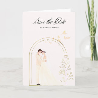 Elegante Save the Date Karte im Goldbogen mit Brau