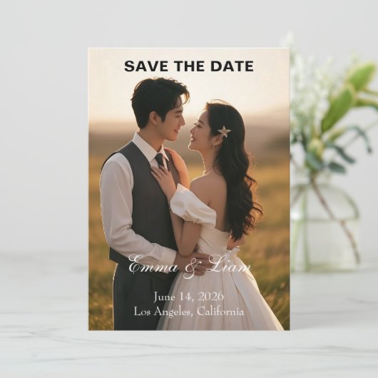 Elegante Save-the-Date-Karte im Goldenen Stunden Save The Date (Stehend Vorderseite)