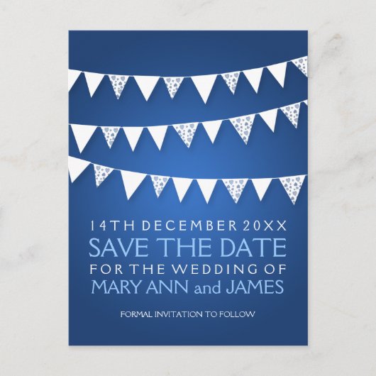 Elegante Save the Date Liebe Bunting Blue Ankündigungspostkarte (Vorderseite)