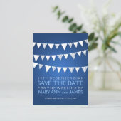 Elegante Save the Date Liebe Bunting Blue Ankündigungspostkarte (Stehend Vorderseite)
