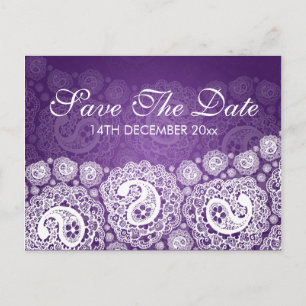 Elegante Save the Date Paisley-Spitze lila Ankündigungspostkarte