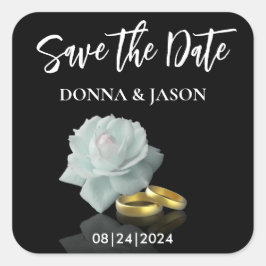 Elegante Save the Date Script White Rose Gold Ring Quadratischer Aufkleber