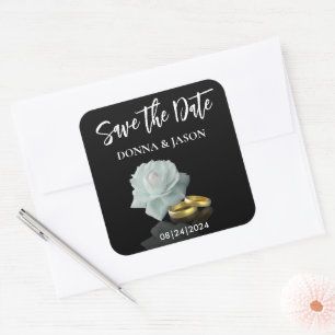Elegante Save the Date Script White Rose Gold Ring Quadratischer Aufkleber