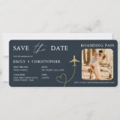 Elegante Save-the-Date-Stehplatz-Karte Flugticket (Vorderseite)
