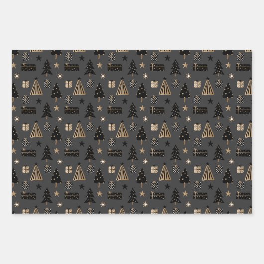 Elegante Scandi Christmas Gold & Black Wrapping Pa Geschenkpapier Set (Vorderseite)