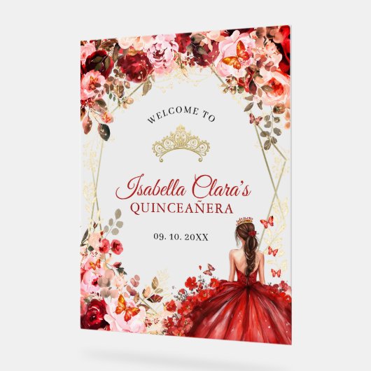 Elegante Scarlet Floral Gold Quinceñera Willkommen Acrylschild (Winkel)