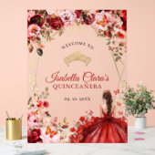 Elegante Scarlet Floral Gold Quinceñera Willkommen Acrylschild (Hochzeit)