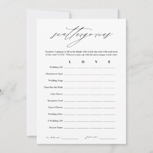 Elegante Scattergories Brautparty Game Card Einladung (Vorderseite)