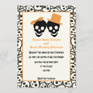 Elegante Schädel Halloween-Orangenhochzeit Einladung