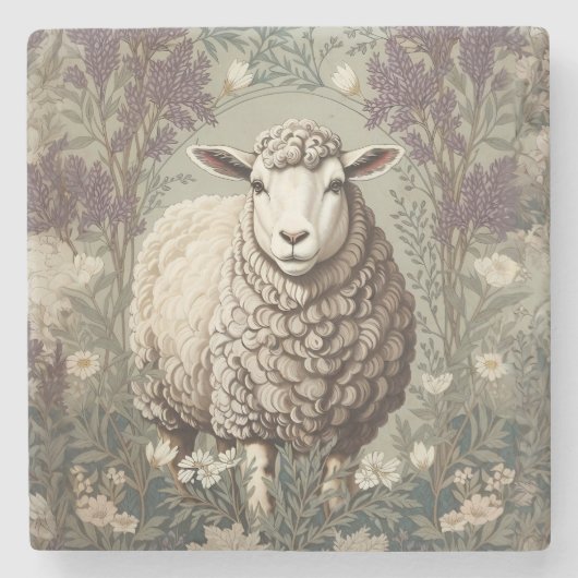 Elegante Schafe Lavendel Blumen Hintergrund Steinuntersetzer (Vorderseite)