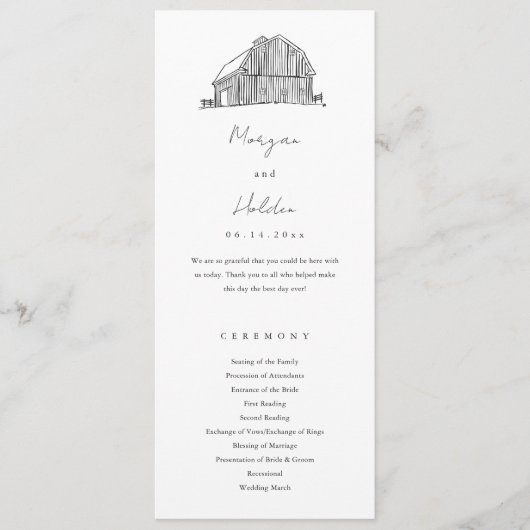 Elegante Scheune Schwarz-Weiß-Rustikale Hochzeit Programm (Vorderseite)