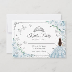 Elegante Schick Baby Blau Silber Quinceanera Antwo RSVP Karte