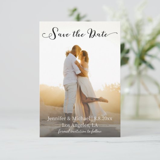 elegante schick Drehbuch verblasste Foto Hochzeit Save The Date (Stehend Vorderseite)