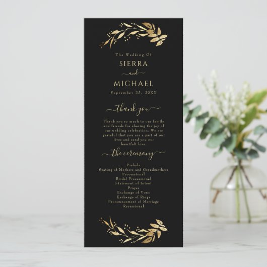 Elegante schicke Black Gold Foliage Hochzeit Programm (Stehend Vorderseite)
