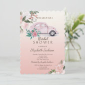 Elegante, schicke Blume Rosa Auto Brautparty Einladung (Stehend Vorderseite)