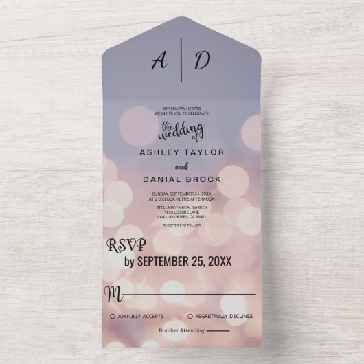 Elegante schicke Bokeh-Lichter für eine Hochzeit All In One Einladung (Innen Boden)