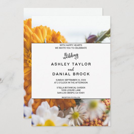 Elegante schicke botanische Sonnenblumenhochzeit Einladung (Vorne/Hinten)